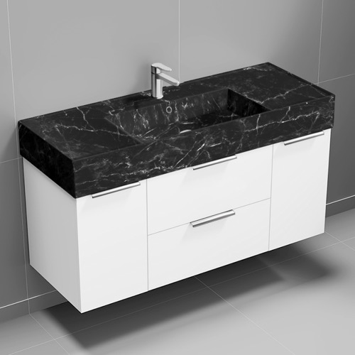 Nameeks DERIN985 Modern Bathroom Vanity With Black Marble Design Sink, Wall Mounted, 48 Inch, Glossy White